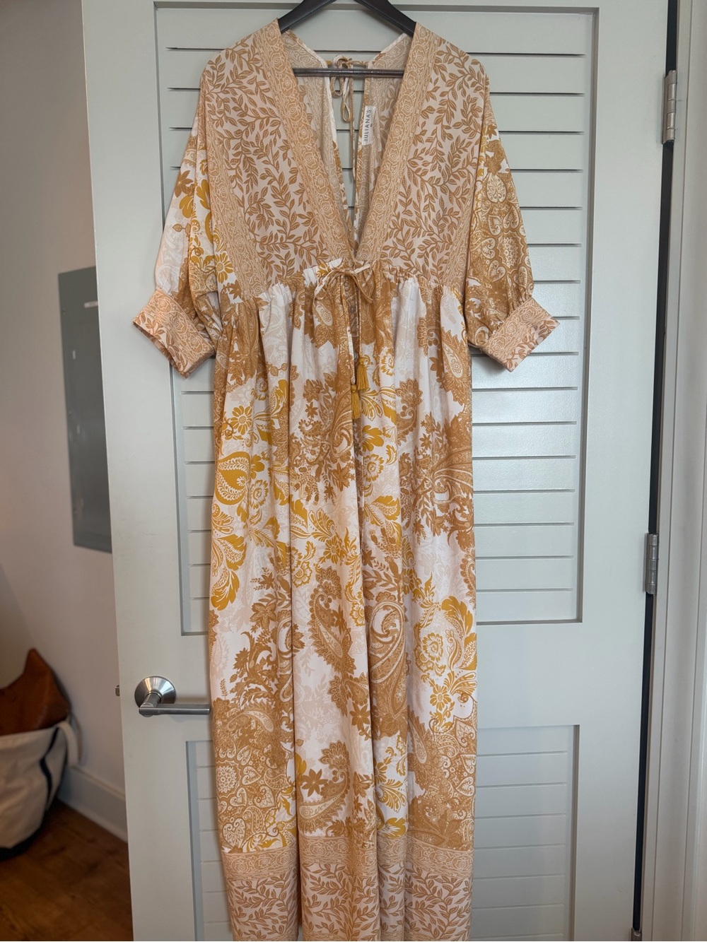 Boho V-Neck Maxi Dress in Mustard and White